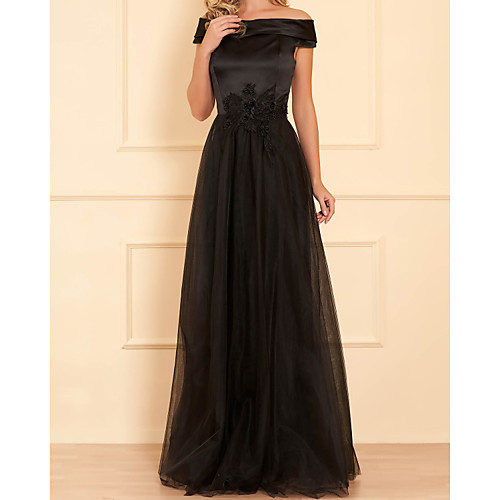 

A-Line Elegant Floral Wedding Guest Formal Evening Dress Off Shoulder Sleeveless Floor Length Satin Tulle with Beading Appliques 2021