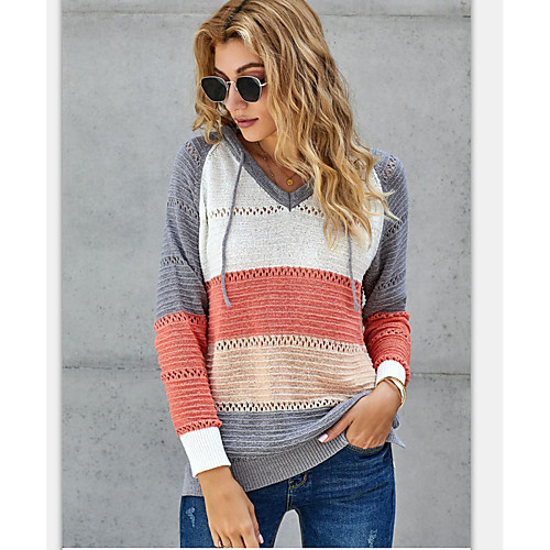 

Women's Knitted Plaid Solid Color Pullover Cotton Long Sleeve Sweater Cardigans Hooded Fall Wine Khaki Gray