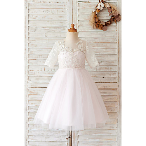 

Ball Gown Knee Length Flower Girl Dresses Wedding Lace Half Sleeve Jewel Neck with Buttons