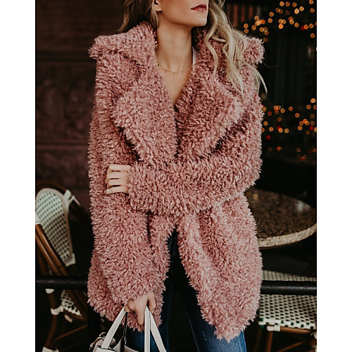 

Women's Faux Fur Coat Daily Fall & Winter Long Coat Loose Basic Jacket Long Sleeve Solid Colored Blushing Pink Black