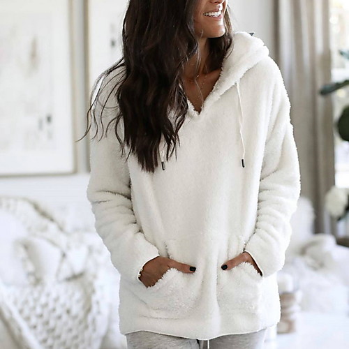 

Women's Teddy Coat Daily Fall & Winter Regular Coat Regular Fit Basic Jacket Long Sleeve Solid Colored Fur Trim White / Faux Fur