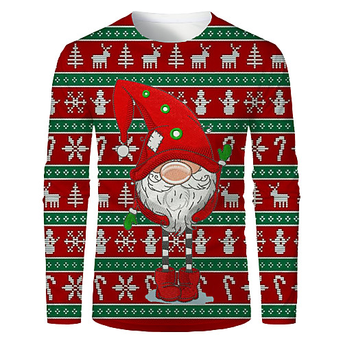 

Men's T shirt 3D Print Striped Graphic 3D Print Long Sleeve Christmas Tops Green / Red