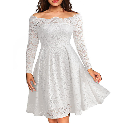 

Women's Swing Dress Knee Length Dress Purple Wine Dusty Blue White Black Long Sleeve Solid Color Lace Patchwork Fall Spring Off Shoulder Elegant Slim 2021 S M L XL XXL / Cotton / Cotton
