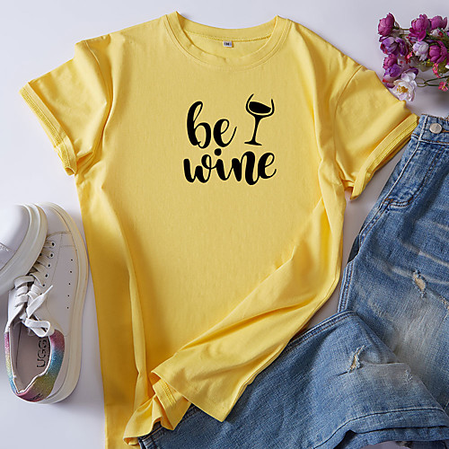 

Women's T shirt Graphic Text Letter Round Neck Tops 100% Cotton Basic Basic Top White Black Red