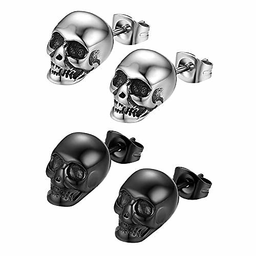 

gothic skull stud earrings halloween cosplay hypoallergenic stainless steel silver for men women