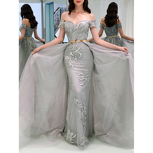 

Sheath / Column Elegant Floral Engagement Formal Evening Dress Off Shoulder Short Sleeve Court Train Tulle with Sash / Ribbon Overskirt Appliques 2021
