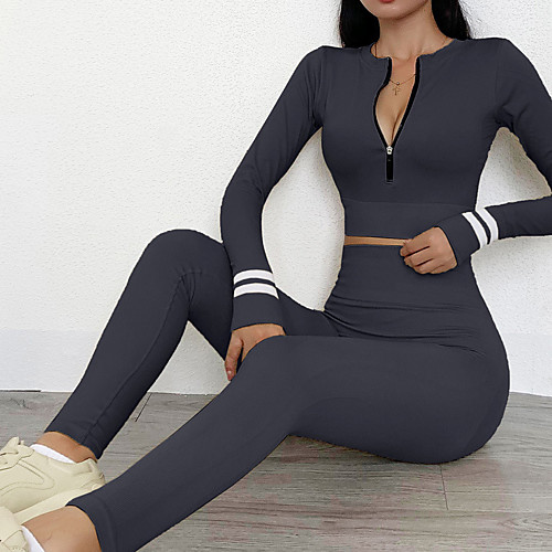 

Women's 2pcs Yoga Suit Winter Seamless Front Zipper Stripes Dark Grey Khaki Brown Nylon Yoga Fitness Gym Workout Cropped Leggings Crop Top Clothing Suit Sport Activewear Tummy Control Butt Lift Quick