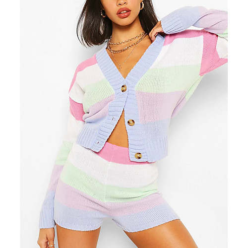 

Women's Streetwear Striped Color Block Two Piece Set Sweater Loungewear Shorts Patchwork Tops