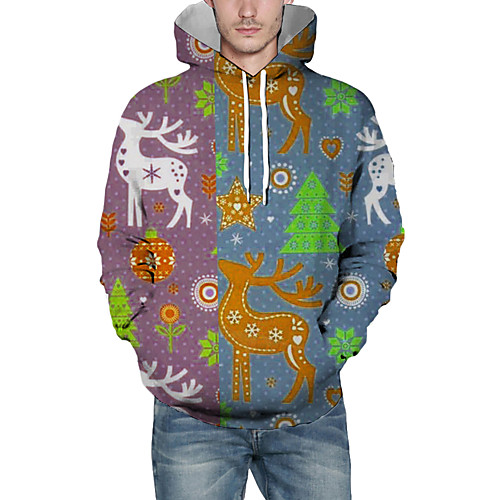 

Men's Pullover Hoodie Sweatshirt Graphic 3D Reindeer Hooded Christmas Daily 3D Print Christmas Hoodies Sweatshirts Long Sleeve Light Blue