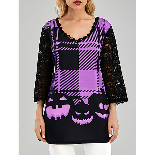 

Women's Plus Size Blouse Shirt Pumpkin Lace Print V Neck Halloween Tops Purple