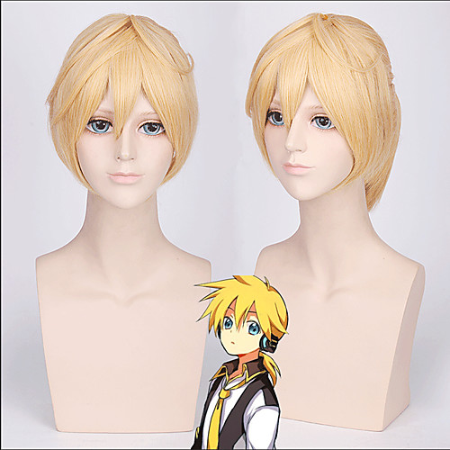 

Vocaloid Kagamine Len Cosplay Wigs Men's Side Part 12 inch Heat Resistant Fiber Straight Blonde Teen Anime Wig