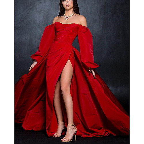 

A-Line Minimalist Sexy Wedding Guest Formal Evening Dress Off Shoulder Long Sleeve Sweep / Brush Train Taffeta with Split 2021