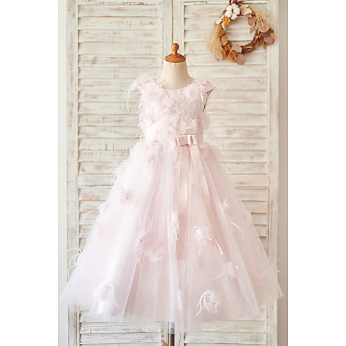 

Ball Gown Tea Length Flower Girl Dresses Wedding Satin Sleeveless Jewel Neck with Feathers / Fur