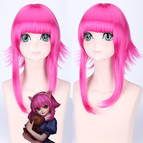 

LOL Annie Cosplay Wigs Women's With Bangs 16 inch Heat Resistant Fiber Curly Rose Pink Teen Adults' Anime Wig