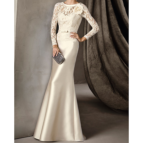 

Mermaid / Trumpet Elegant Vintage Engagement Formal Evening Dress Illusion Neck Long Sleeve Sweep / Brush Train Lace Satin with Sash / Ribbon Appliques 2021