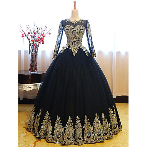 

Ball Gown Luxurious Vintage Quinceanera Formal Evening Dress Jewel Neck Long Sleeve Floor Length Lace Tulle with Appliques 2021