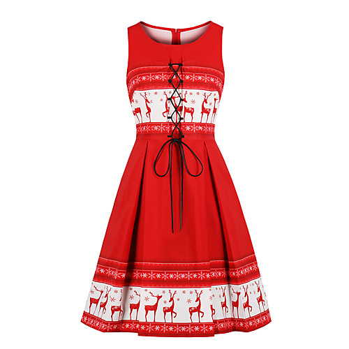 

Women's Swing Dress Knee Length Dress Red Sleeveless Print Lace up Patchwork Print Fall Winter Round Neck Elegant Christmas 2021 S M L XL XXL 3XL 4XL / Plus Size