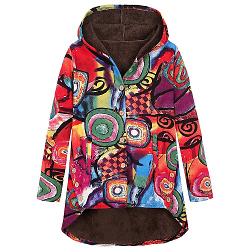 

Women's Coat Daily Fall & Winter Long Coat Hooded Loose Basic Jacket Long Sleeve Print Orange Red