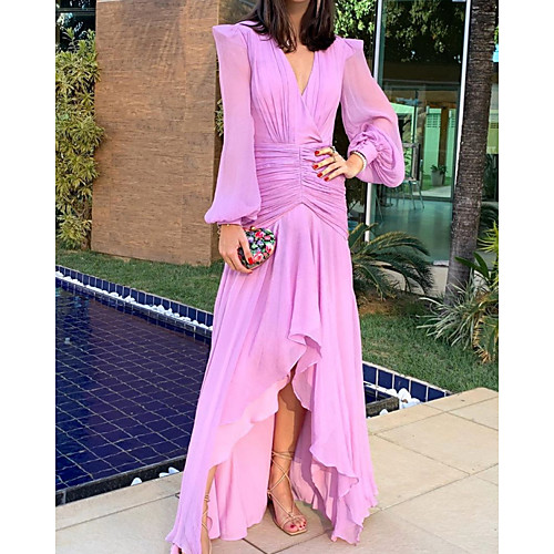 

A-Line Empire Elegant Engagement Formal Evening Dress V Neck Long Sleeve Asymmetrical Chiffon with Ruched Tier 2021