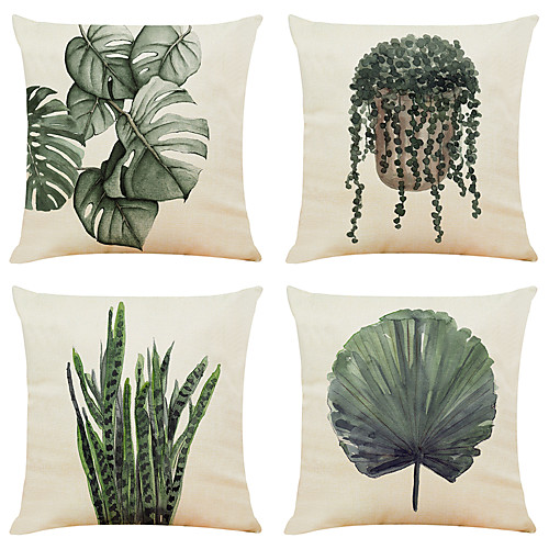 

Set of 4 Green Plants Faux Linen Square Decorative Throw Pillow Cases Sofa Cushion Covers 18x18