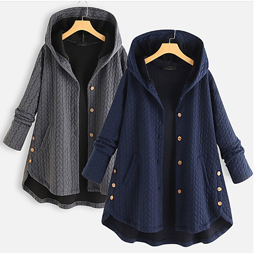 

Women's Cloak / Capes Daily Fall Regular Coat Hooded Loose Active Jacket Long Sleeve Solid Colored Patchwork Gray Dusty Blue / Jacquard / Cotton
