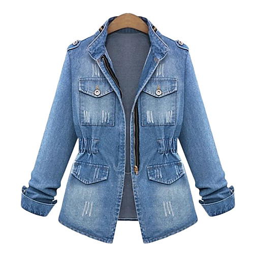 

Women's Plus Size Denim Jacket Zipper Pocket Solid Colored Regular Stand Collar Daily Fall Spring Blue Big Size L XL XXL 3XL 4XL