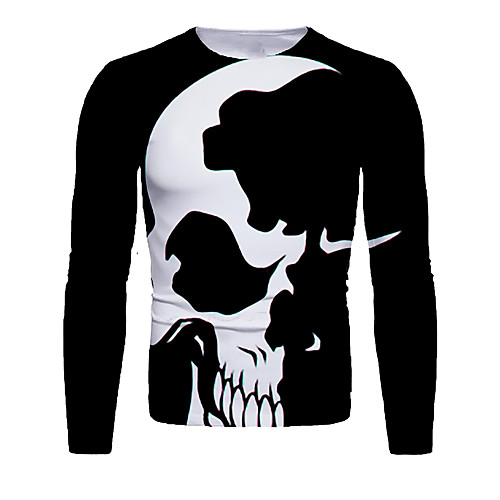 

Men's T shirt 3D Print Graphic 3D Skull Print Long Sleeve Halloween Tops Basic Black / White