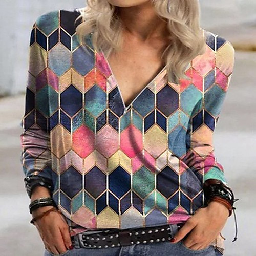 

Women's Tunic Color Gradient Color Block Long Sleeve Patchwork Quarter Zip Print V Neck Basic Tops Fuchsia