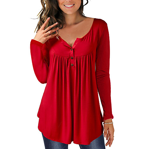 

Women's Plus Size Blouse Shirt Plain Long Sleeve Pleated V Neck Basic Tops Blue Purple Wine