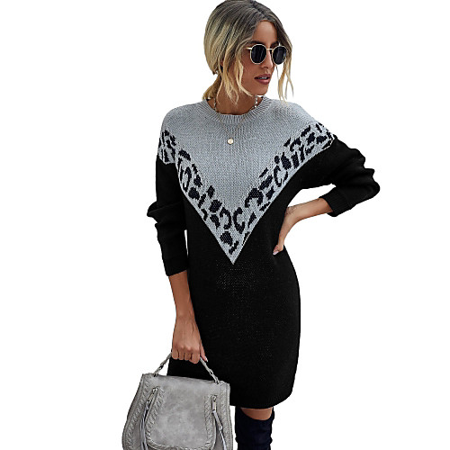 

Women's Shift Dress Short Mini Dress Khaki Black Long Sleeve Geometric Patchwork Fall Spring Round Neck Casual Loose 2021 S M L XL