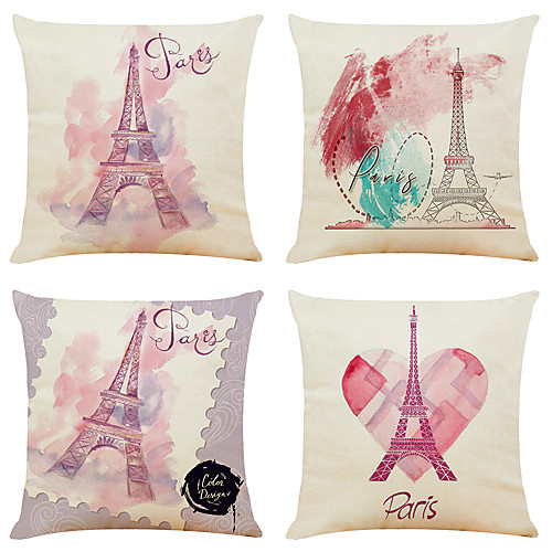 

Set of 4 Romantic Paris Eiffel Tower Faux Linen Square Decorative Throw Pillow Cases Sofa Cushion Covers 18x18