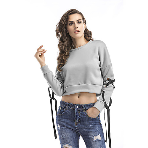 

Women's Blouse Shirt Solid Colored Long Sleeve Drawstring Round Neck Basic Tops Beige Gray / Crop