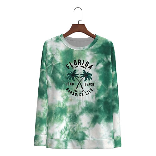 

Women's T shirt Graphic Tie Dye Text Long Sleeve Print Round Neck Tops Basic Basic Top Blue Green