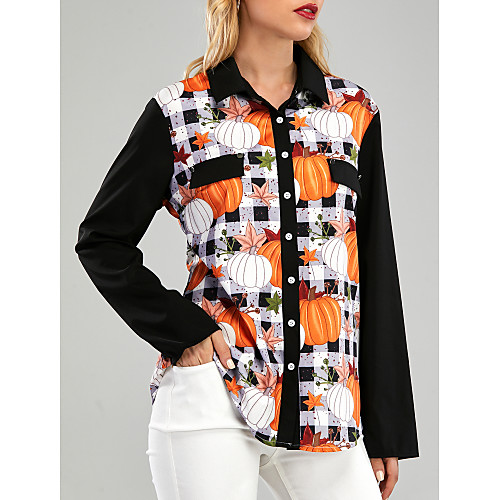 

Women's Halloween Blouse Shirt Color Block Pumpkin Long Sleeve Patchwork Print Shirt Collar Halloween Tops Black