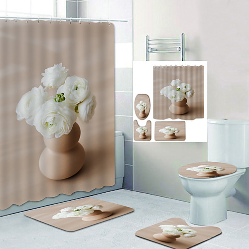 

Four Sets Of Digital Printing Flower Shower Curtain Mats Hooks Modern Polyester New Design