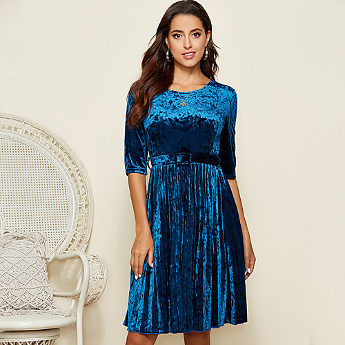 

Women's A Line Dress Knee Length Dress Blushing Pink Green Black Navy Blue Long Sleeve Solid Color Ruched Fall Round Neck Elegant 2021 S M L XL XXL