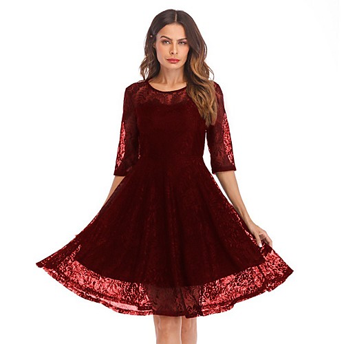 

Women's A Line Dress Knee Length Dress Wine Black Navy Blue 3/4 Length Sleeve Solid Color Lace Summer Round Neck Sexy Party Slim 2021 S M L XL XXL