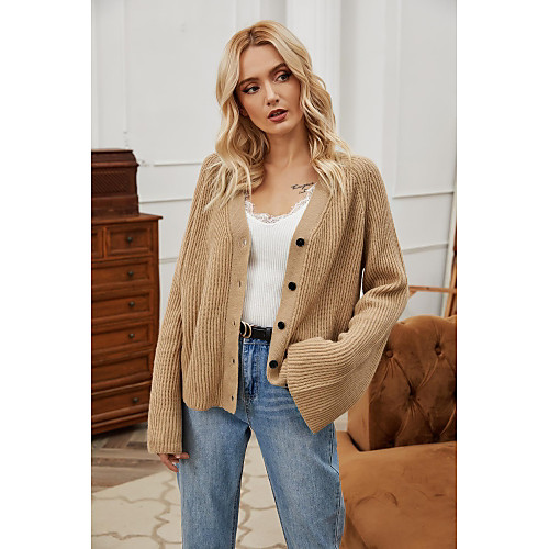 

Women's Knitted Solid Color Cardigan Long Sleeve Sweater Cardigans V Neck Fall Khaki