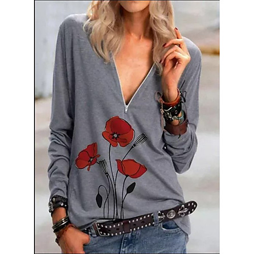 

Women's Tunic Color Block Long Sleeve Patchwork Quarter Zip Print V Neck Basic Tops Blue Green Gray