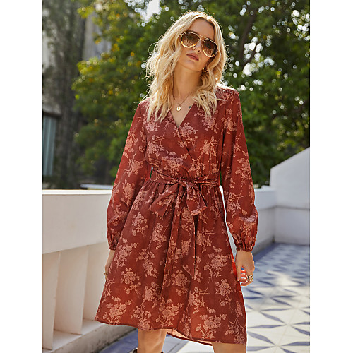

Women's Sheath Dress Knee Length Dress Red Long Sleeve Floral Lace up Fall Winter V Neck Elegant Vintage 2021 S M L XL