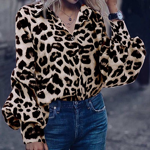 

Women's Blouse Shirt Leopard Long Sleeve Shirt Collar Tops Brown Gray
