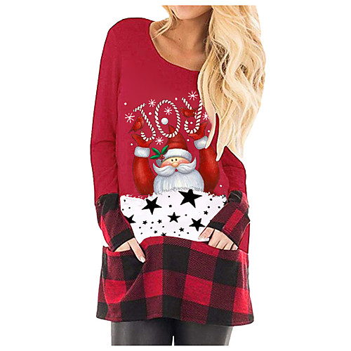

Women's Tunic Color Block Long Sleeve Print Round Neck Basic Christmas Tops Black Red Beige