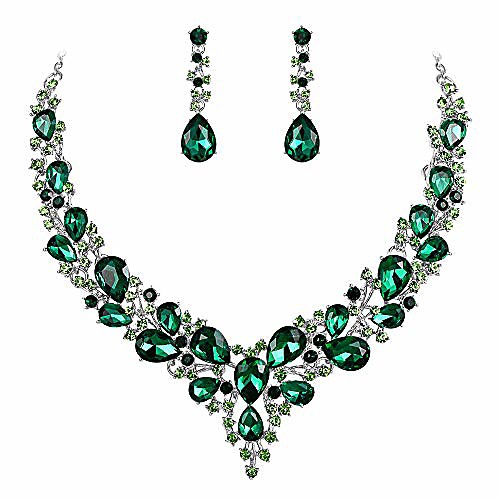 

wedding bridal necklace earrings jewelry set for women austrian crystal teardrop cluster statement necklace dangle earrings set emerald color silver-tone