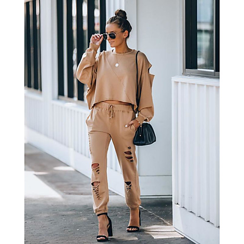 

Women's Basic Solid Color Causal Daily Two Piece Set Tracksuit T shirt Pant Loungewear Jogger Pants Drawstring Hole Tops