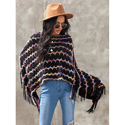 

Women's Vintage Style Knitted Striped Poncho Sweater Long Sleeve Sweater Cardigans V Neck Fall Winter Black