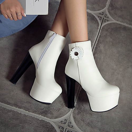 

Women's Boots Chunky Heel Round Toe Booties Ankle Boots Classic Daily Walking Shoes PU Flower Solid Colored White Black Yellow / Mid-Calf Boots
