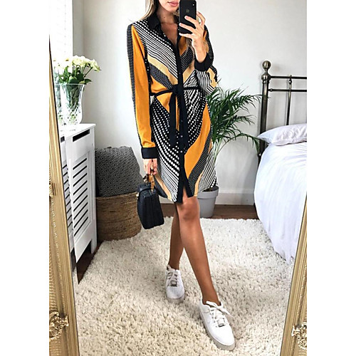 

Women's A Line Dress Knee Length Dress Blue Yellow Green Long Sleeve Print Print Fall Shirt Collar Casual Slim 2021 S M L XL XXL