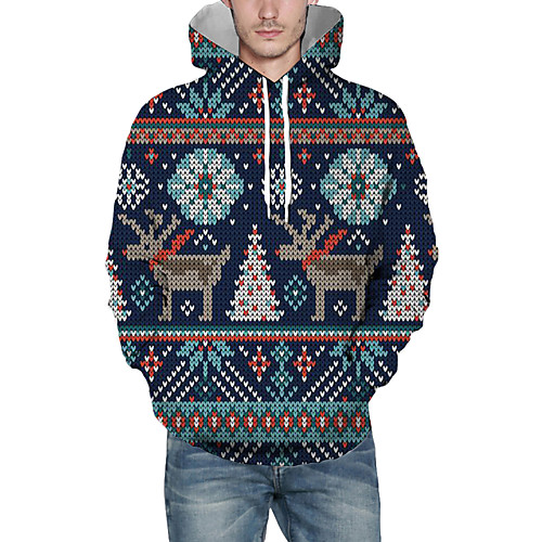 

Men's Pullover Hoodie Sweatshirt Graphic 3D Reindeer Hooded Christmas Daily 3D Print Christmas Hoodies Sweatshirts Long Sleeve Navy Blue