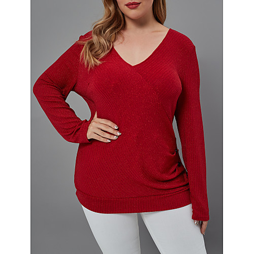 

Women's Blouse Shirt Solid Colored Long Sleeve Patchwork V Neck Basic Tops Red