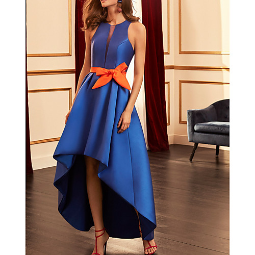 

A-Line Color Block Elegant Wedding Guest Formal Evening Dress Halter Neck Sleeveless Asymmetrical Satin with Bow(s) 2021